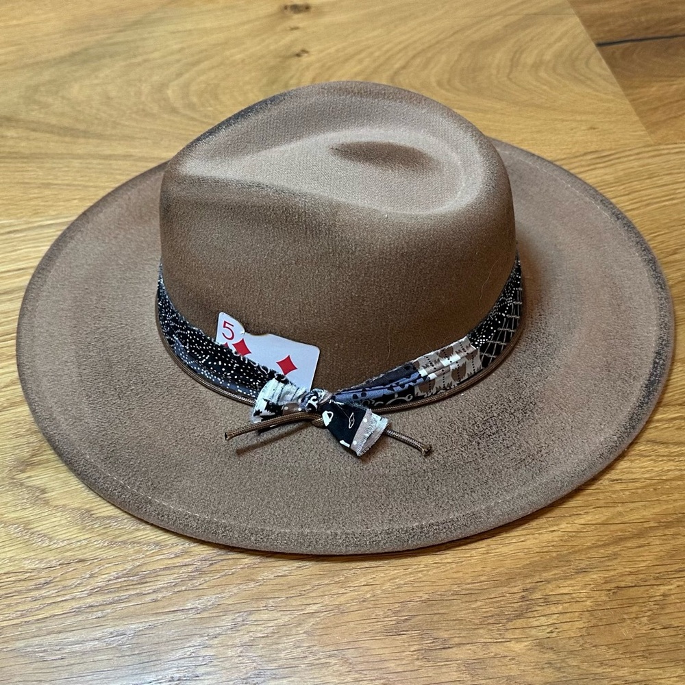 OIERNFE Brown Fedora Hat with Patterned Band Card Accent Sz L/XL